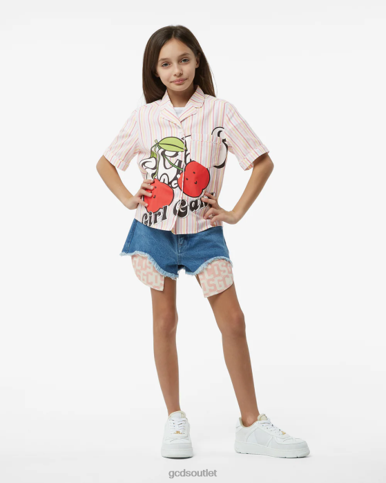Kids GCDS Junior Cherry Striped Cotton Shirt Pink 0FVX798