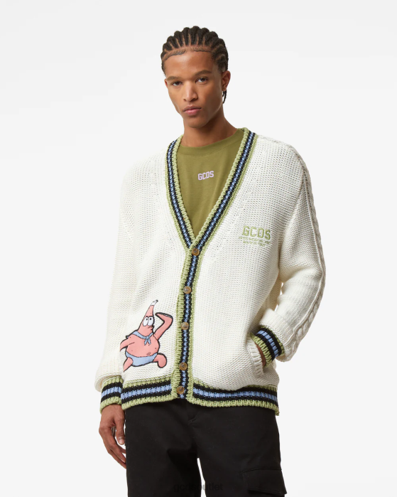 Men GCDS Spongebob Italico Knitted Cardigan Off White 0FVX37