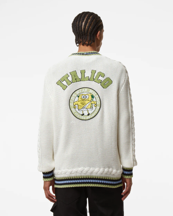 Men GCDS Spongebob Italico Knitted Cardigan Off White 0FVX37