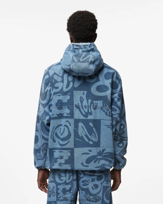 Men GCDS Checkboard Print Denim Windbreaker New Light Blue 0FVX9