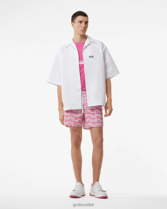 Men GCDS All-Over Waved Logo Print Swim Shorts Fuchsia 0FVX158
