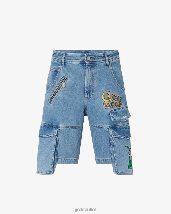 Men GCDS Embroidered Ultracargo Denim Bermuda New Light Blue 0FVX126