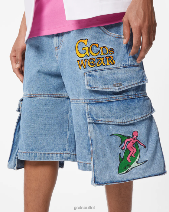 Men GCDS Embroidered Ultracargo Denim Bermuda New Light Blue 0FVX126