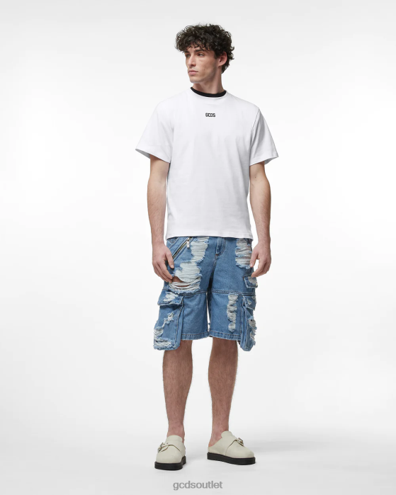 Men GCDS Ripped Ultracargo Denim Bermuda New Light Blue 0FVX125