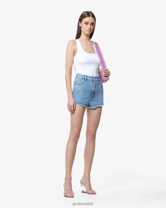 Women GCDS Bling Denim Shorts New Light Blue 0FVX458