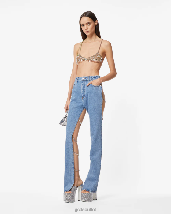 Women GCDS Bling Denim Trousers New Light Blue 0FVX446