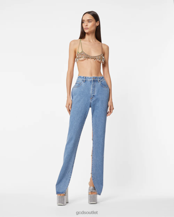 Women GCDS Bling Denim Trousers New Light Blue 0FVX446